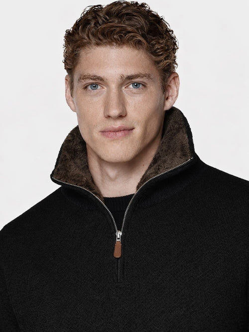 Fur-collar Merino Wool Quarter Zip | Black