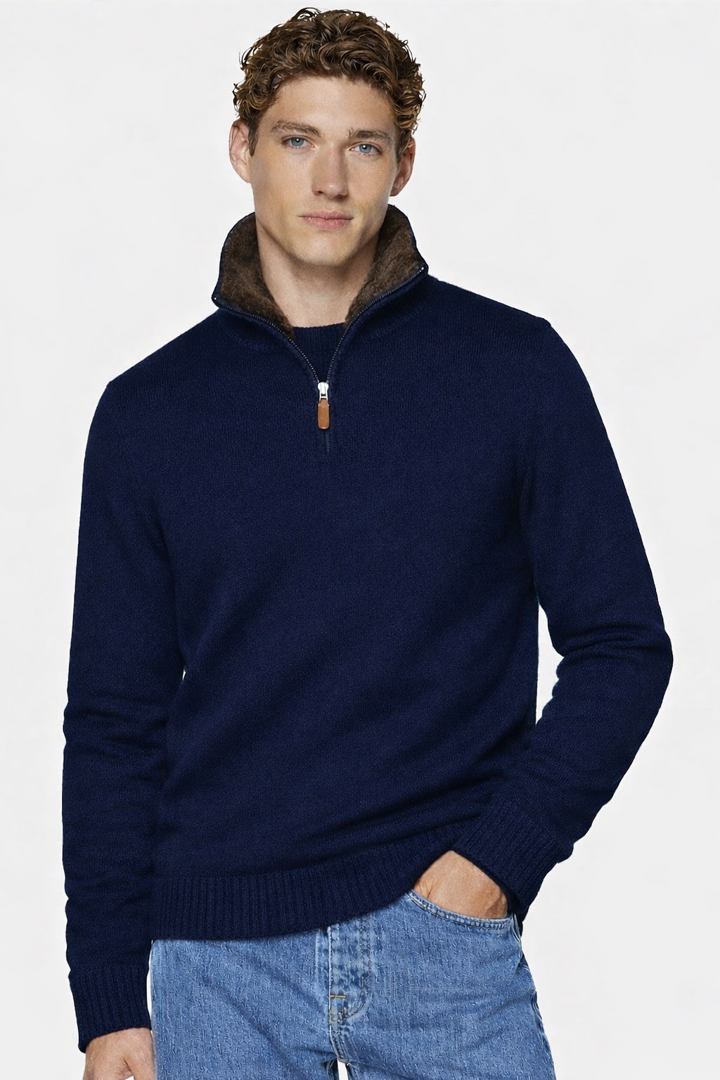 Fur-Collar Merino wool Quarter Zip | Navy